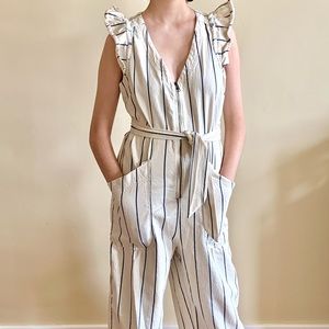 Anthropologie striped denim belted jumpsuit sz 8